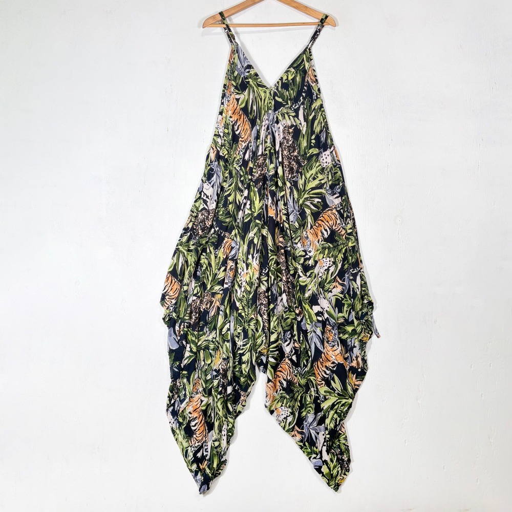 World Market Jungle Tiger Leopard Print Jumpsuit Womens XL Boho Festival Resort
